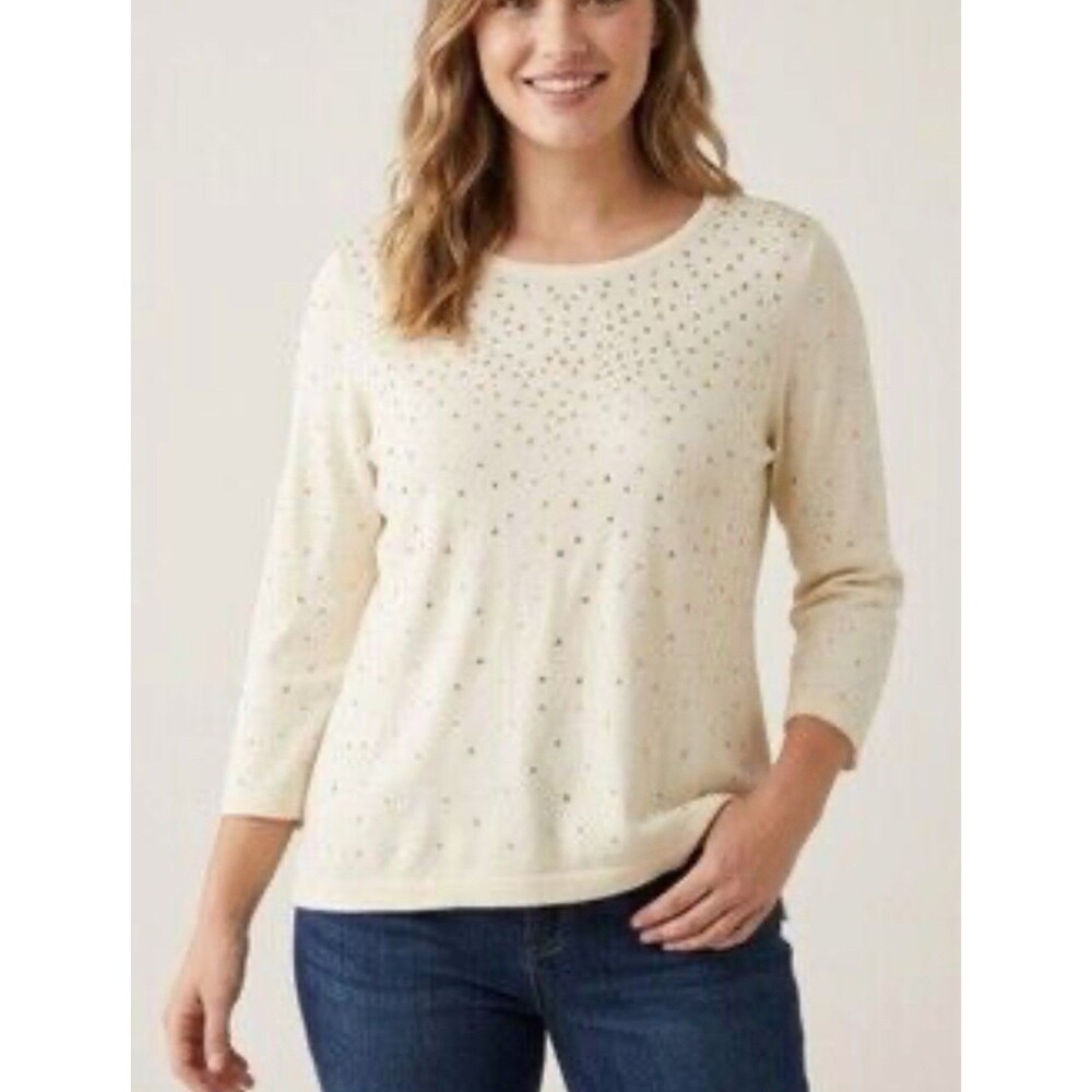 Alfred Dunner white ivory-colored, 3/4 sleeve and round neckline with studs S XL